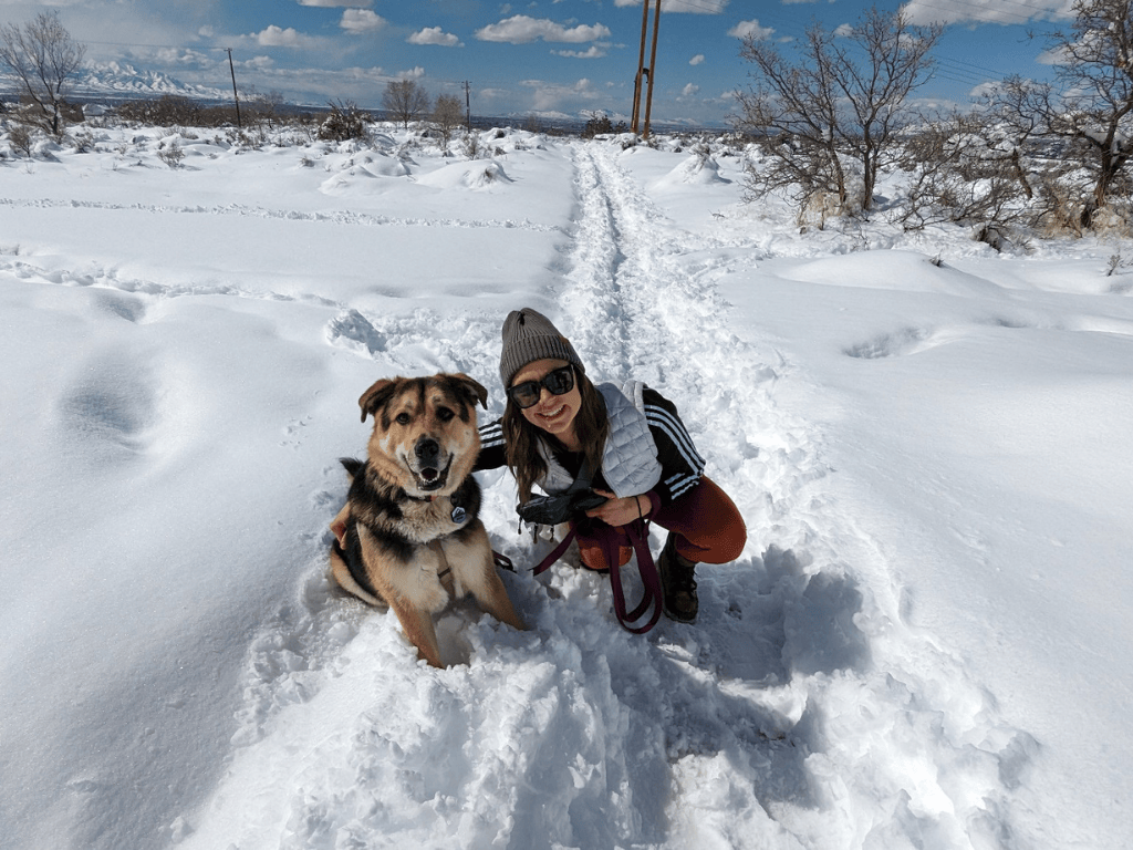 Jen and Harper on a snowy trail