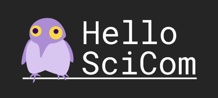 Hello Sci Com Logo, text that reads, "Hello Sci Com" next to a purple hand-drawn owl